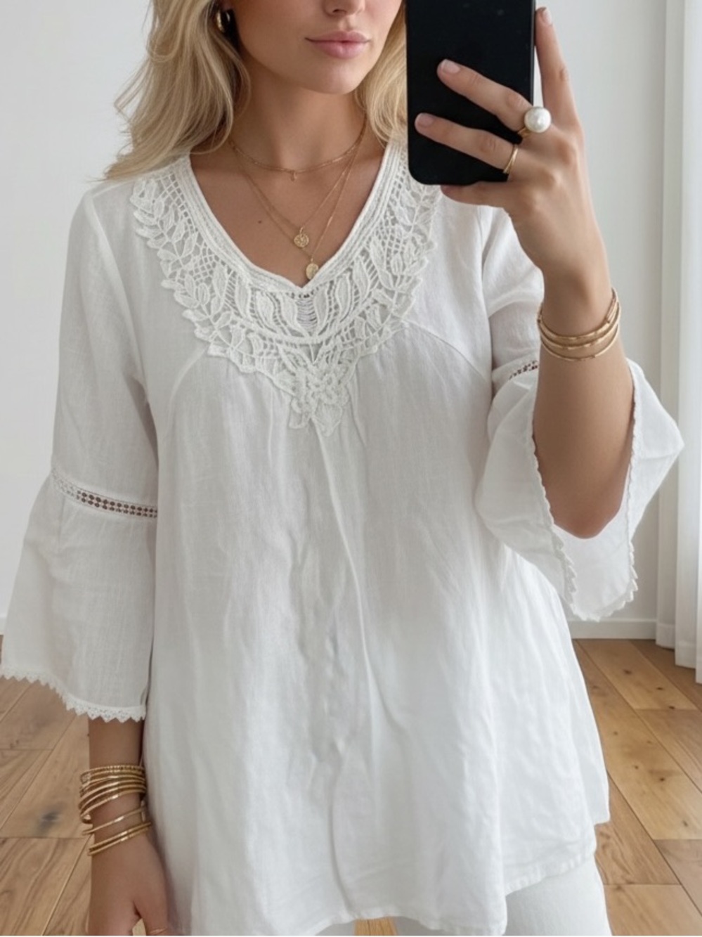 Bellambra White Linen Tunic Top Crochet Trim Bell Sleeve Made in Italy Size L